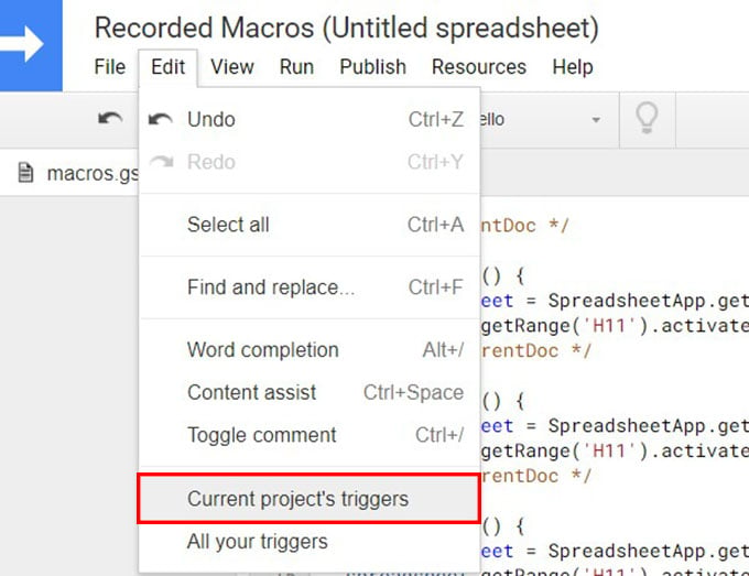 Current Project Triggers in Google Sheets Macro Script Editor