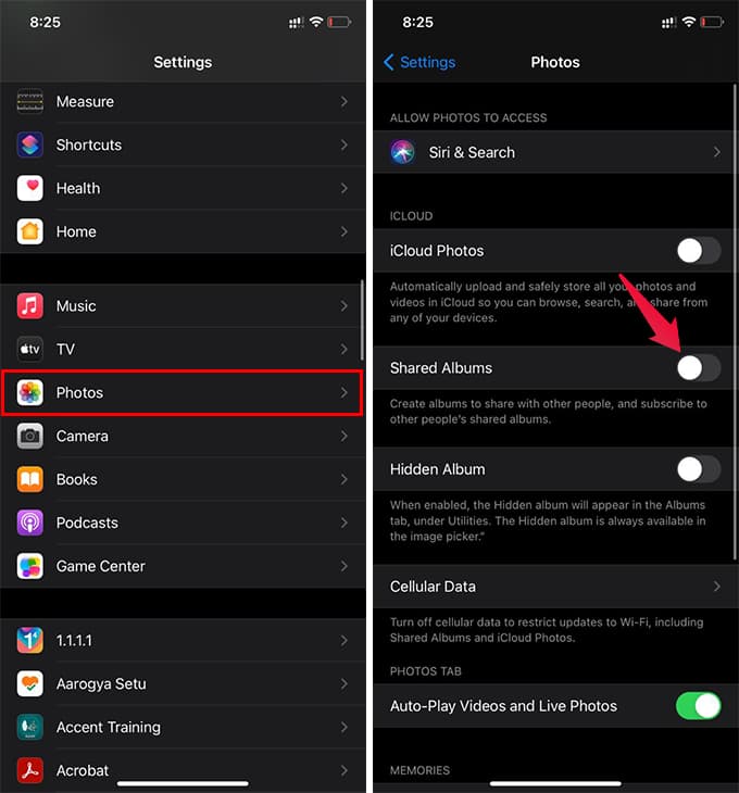 Enable iCloud Shared Albums on iPhone