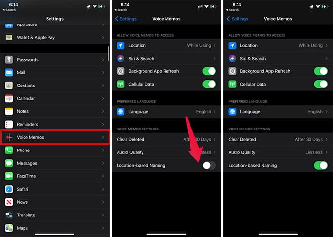 Enable or Disable Location Based Naming for Voice Memo from iPhone Settings