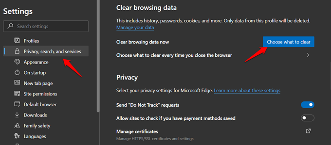 privacy options in edge browser