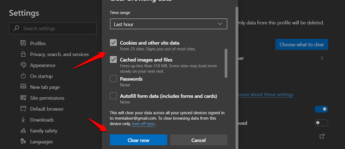 clearing cookies and data in edge