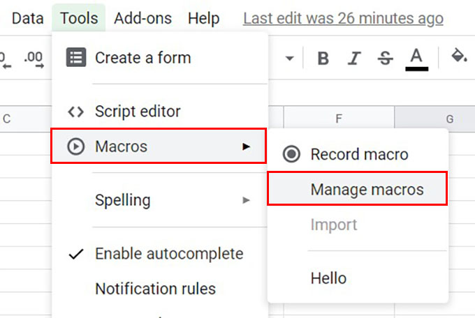 Manage Macros Menu in Google Sheets