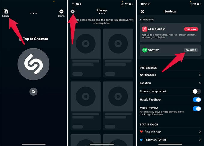 Shazam Settings to Connect Spotify