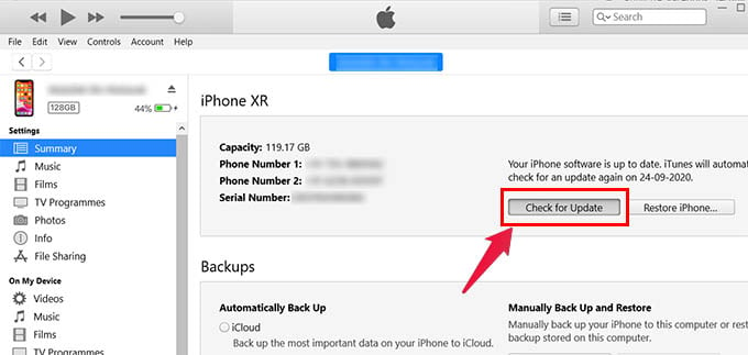 Perbarui iPhone tanpa WiFi menggunakan iTunes di Windows