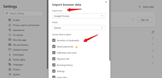 import parameters in microsoft edge