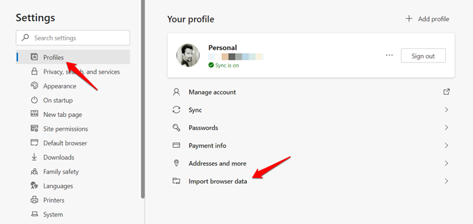 import browser data option in microsoft edge