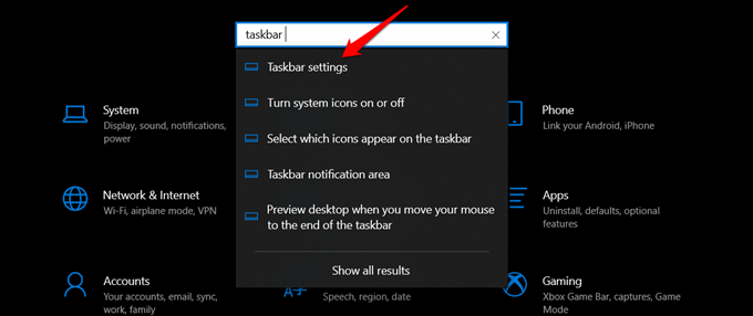 taskbar settings in windows settings