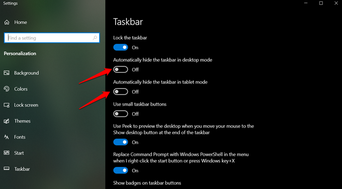 disable autohide taskbar in windows