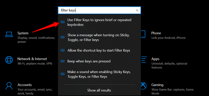 filter key option in windows settings