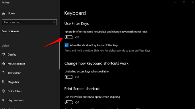 disable filter keys in windows 10