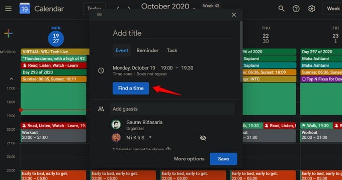 find a time feature in calendar