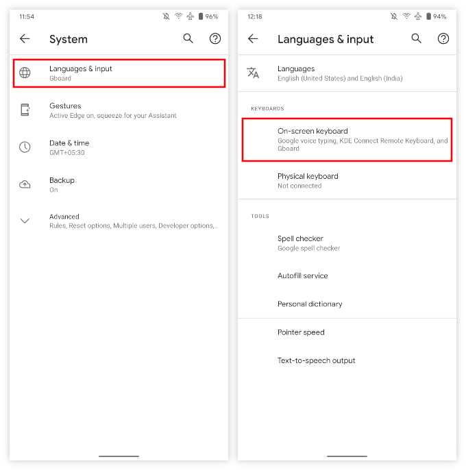 Android language and input settings