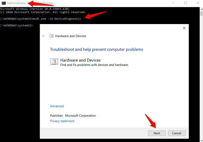 windows hardware and devices troubleshooter CMD trick