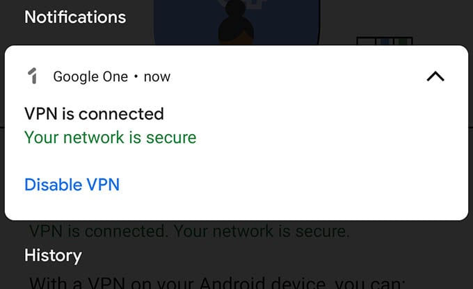 Google VPN Connected Notification