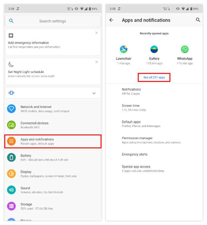 Android apps and notifications settings