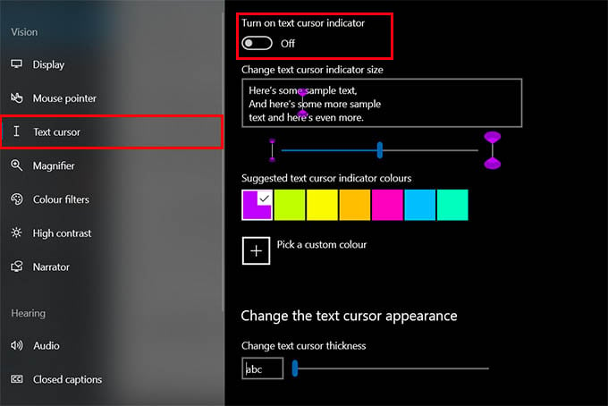 Change Text Cursor Size in Windows 10