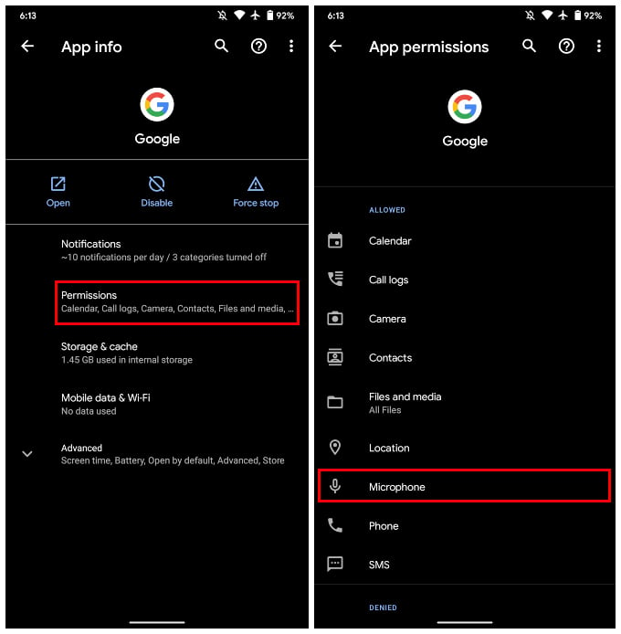 Manage Google app permissions on Android