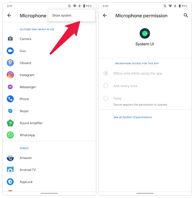 Manage permissions for System level android apps