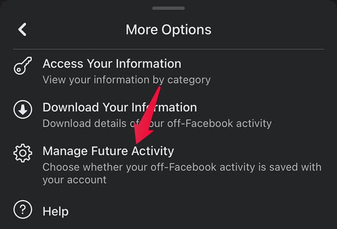 Choose Manage Future Activity from More Options in Off Facebook Activity