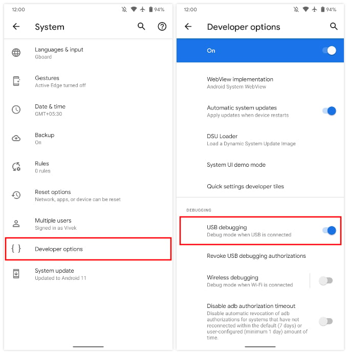 Enable USB debugging on Pixel devices