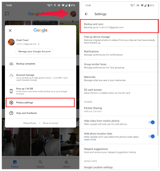Google Photos settings Android