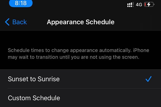 Sunset to Sunrise iPhone Dark Mode Schedule