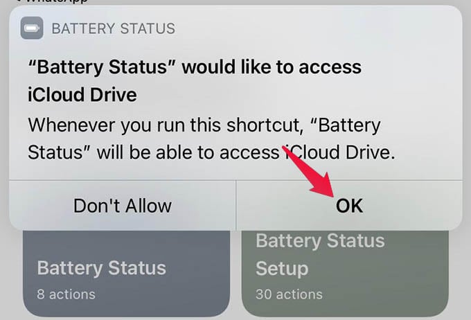 Battery Shortcut iCloud Access on iPhone