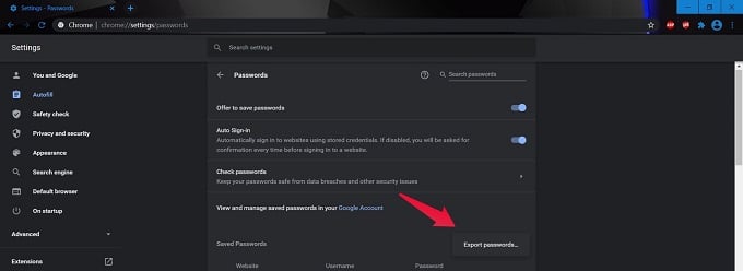 Chrome Export Passwords