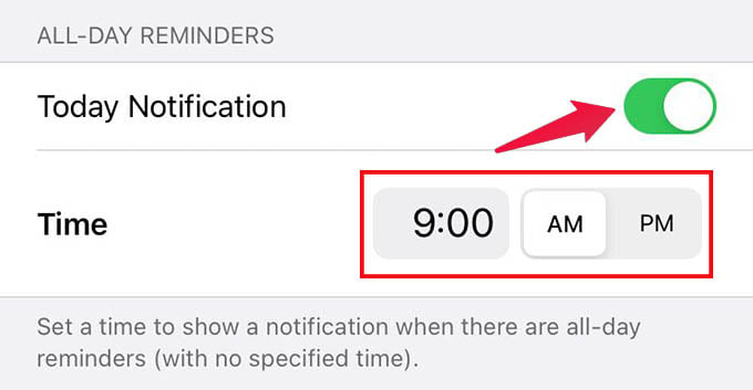 Enable Today Notifications and Set All Day Reminder Notification Time on iPhone