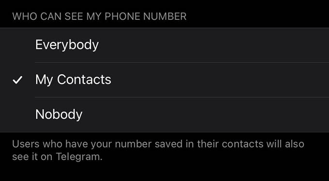 Hide Phone Number in Telegram from Non Contacts or Everybody