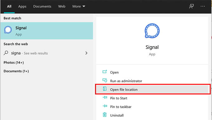 Open File Location Signal App Windows