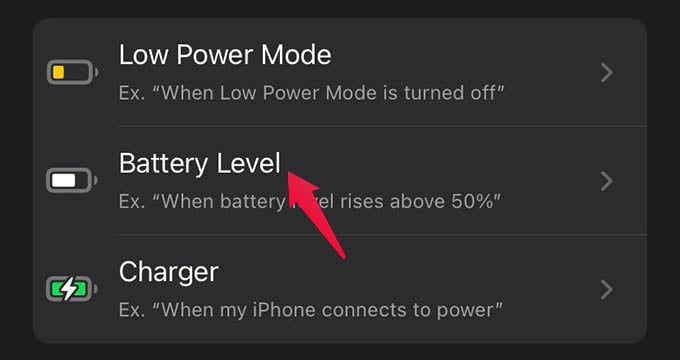 Select Battery Level Trigger for Shortcuts Automation on iPhone