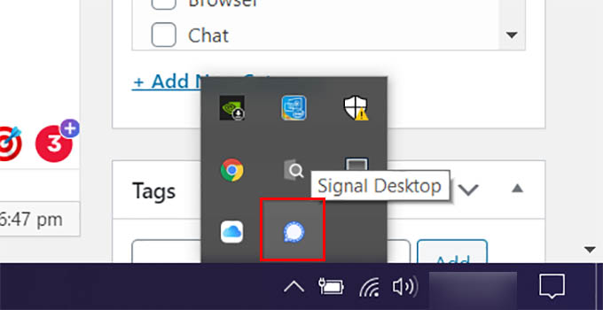 Signal Desktop in Windows 10 System Tray