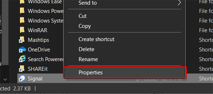 Signal Shortcut Properties Windows 10