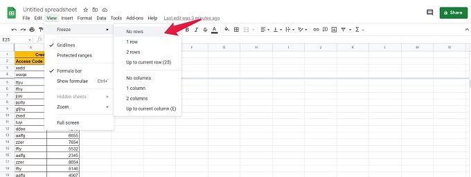 Unfreeze Google Sheets Rows Menu