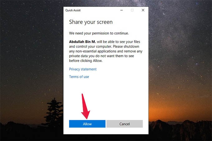 Allow to Share Screen with Windows 10 Quick Assist