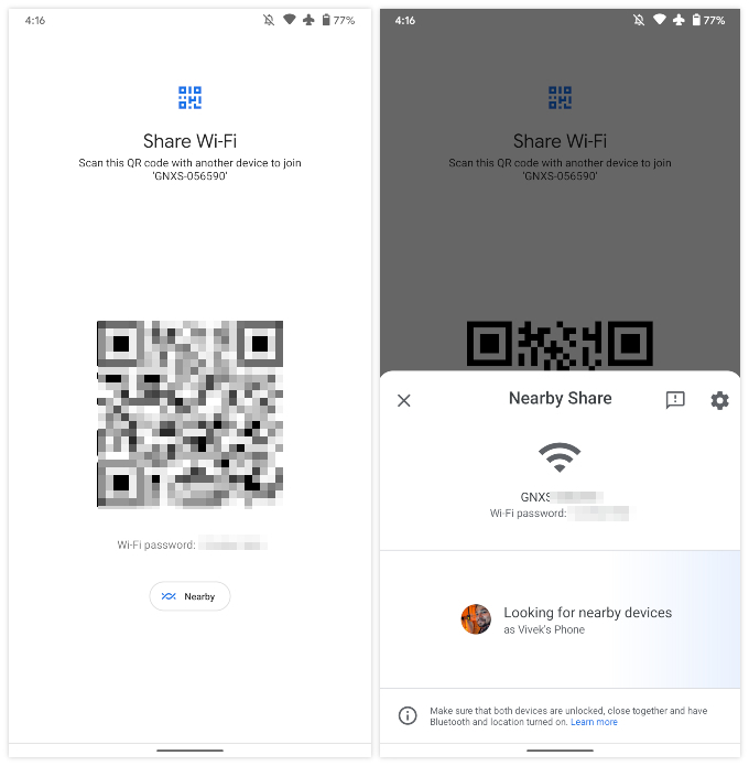 Android 12 features: share wi-fi with nearby share