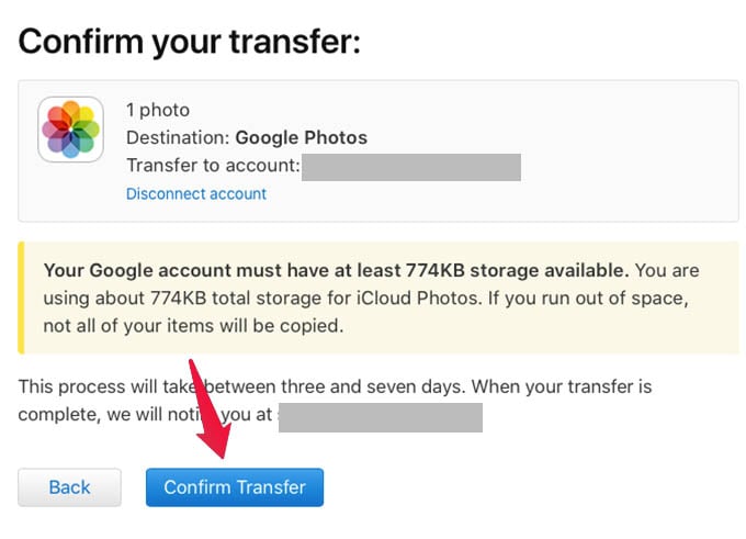 Confirm to Transfer Photos from iCloud to Google Photos