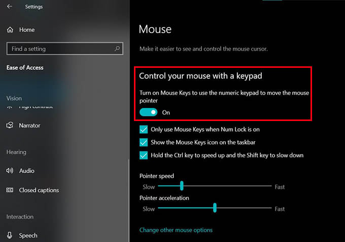 Control Mouse Using Keyboard on Windows 10