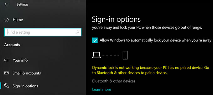 Dynamic Lock Not Working of No Paired Device in Windows 10