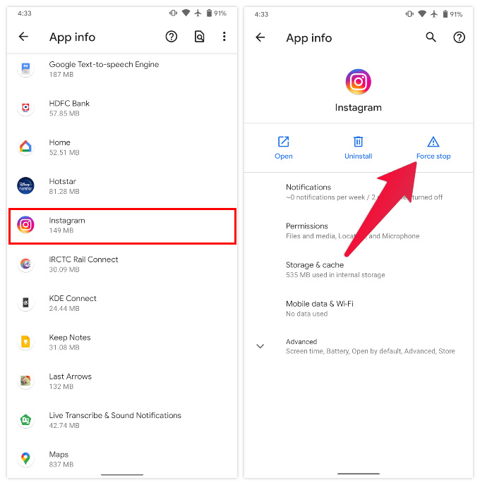 How to force stop Instagram