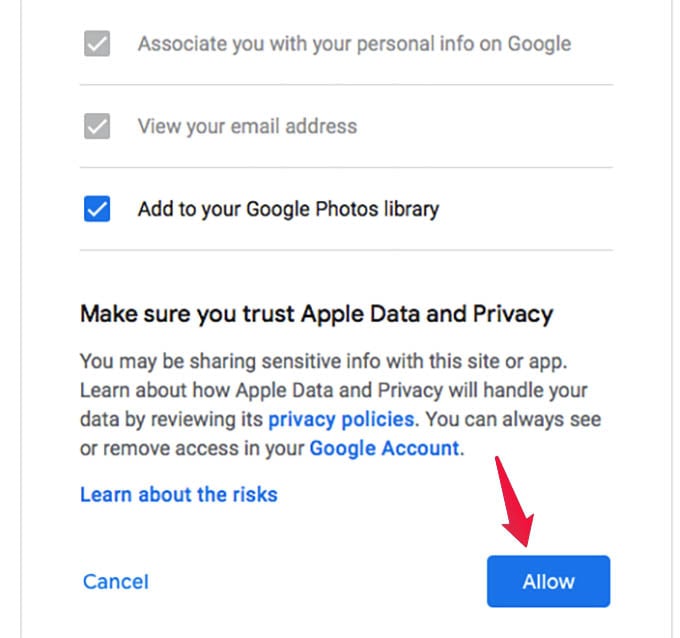 Grant Permissions on Google Account for Apple