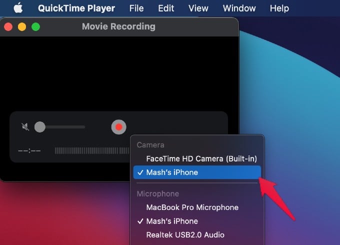 Quicktime Select iPhone to Record