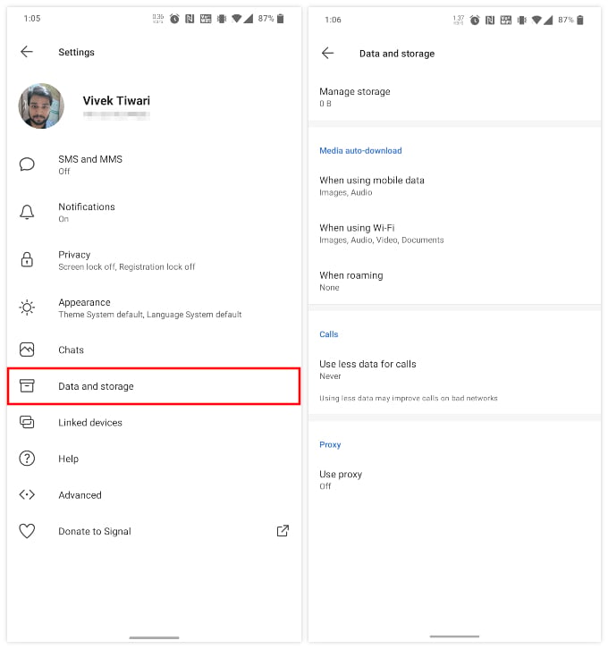 Signal Storage Menu On Android