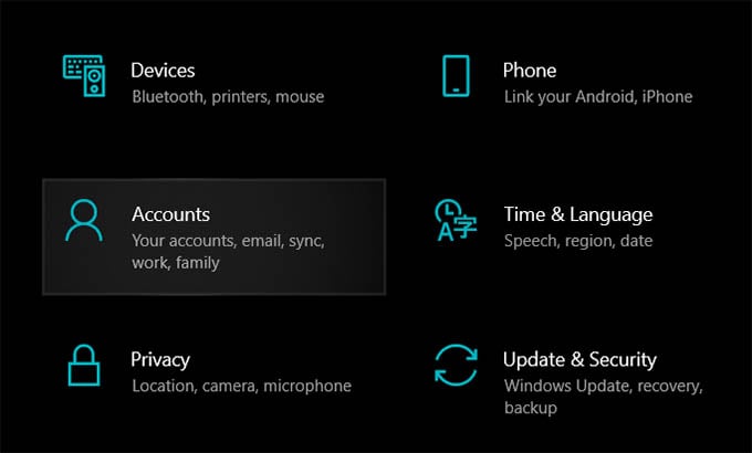 Windows 10 Accounts Settings