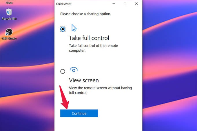 Windows 10 Remote Assistance with Quick Assist Sharing Option