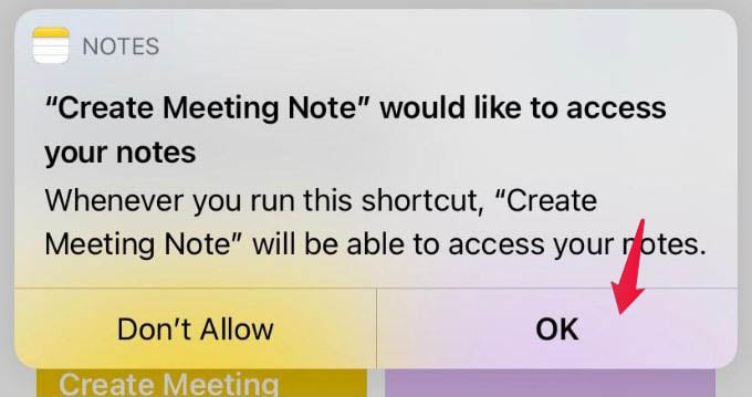 Allow Notes and Calendar Permission to Shortcuts