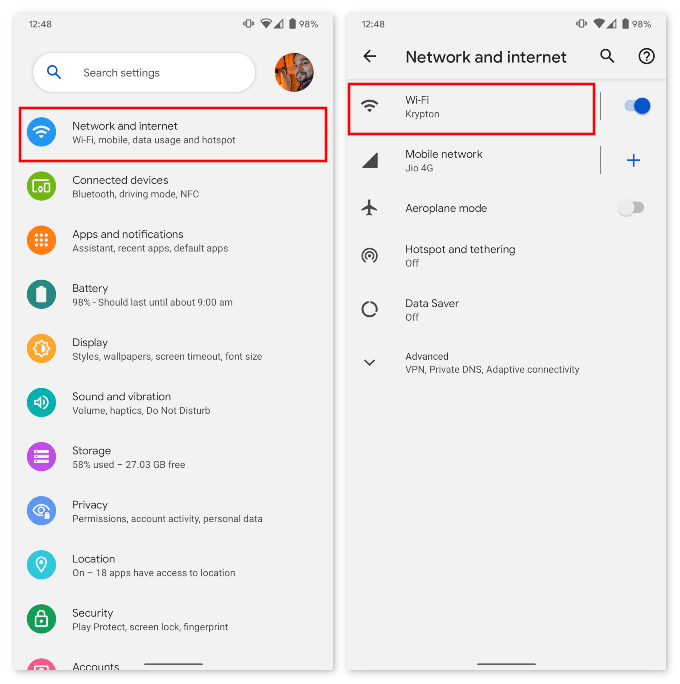 Network & Internet settings Android 12