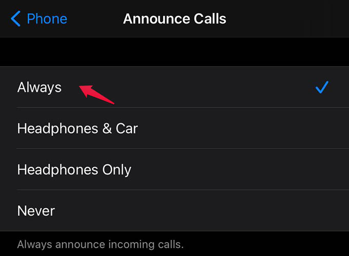 Announce Calls Always on iPhone Announce Who's Calling