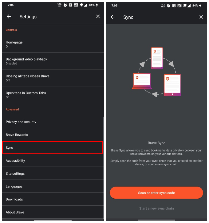Scan or Enter Brave Sync Code